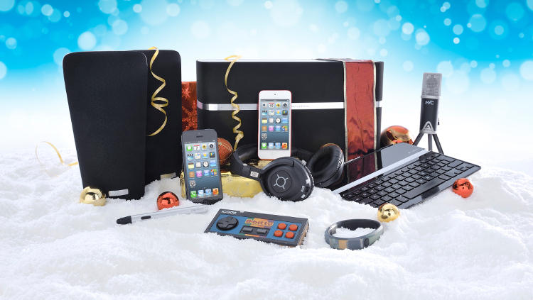 Holiday tech gifts in snow