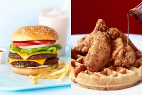 burger and fries chicken and waffles