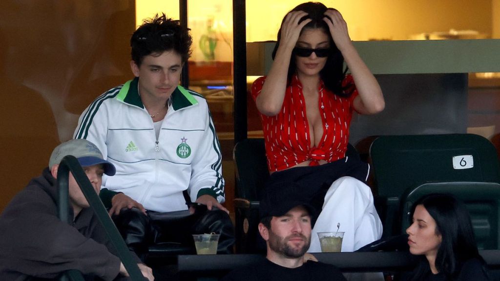 Timothee Chalamet and Kylie Jenner attend a match during the BNP Paribas Open at Indian Wells Tennis Garden on March 09, 2025 in Indian Wells, California. Kylie Jenner Adds Sexy Touch to Tennis Date Photos With Tie-up Top.