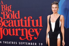 Margot Robbie Rocks Daring Neckline Corset Gown With Double Slits at Premiere