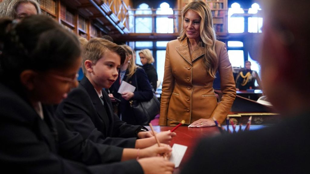Melania Trump Impresses in Leather Louis Vuitton Skirt Suit at Windsor Castle