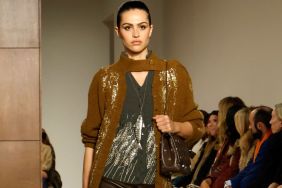 Amelia Gray Commands Attention in Tory Burch Leather Slit Skirt