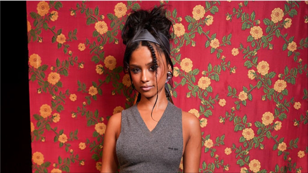 Tyla Styles Gabardine Pants Boldly for Miu Miu PFW Show