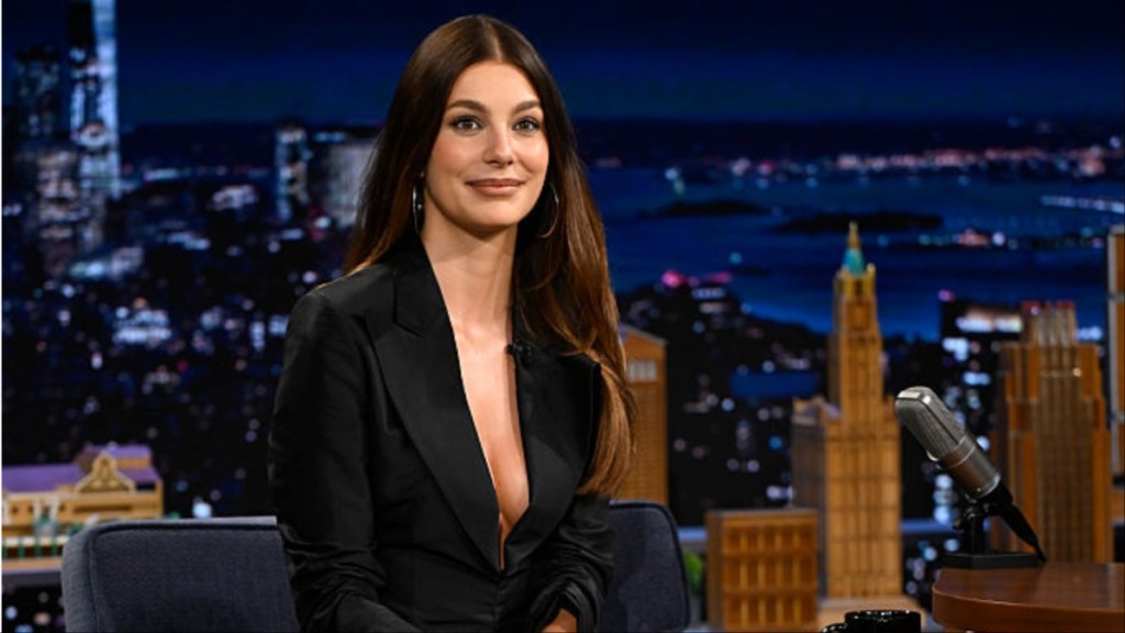 Camila Morrone Models Gucci Blazer as Bold Top for Jimmy Fallon Show