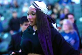 Megan Thee Stallion Gives a Peek of Lacy Bralette Under Blazer