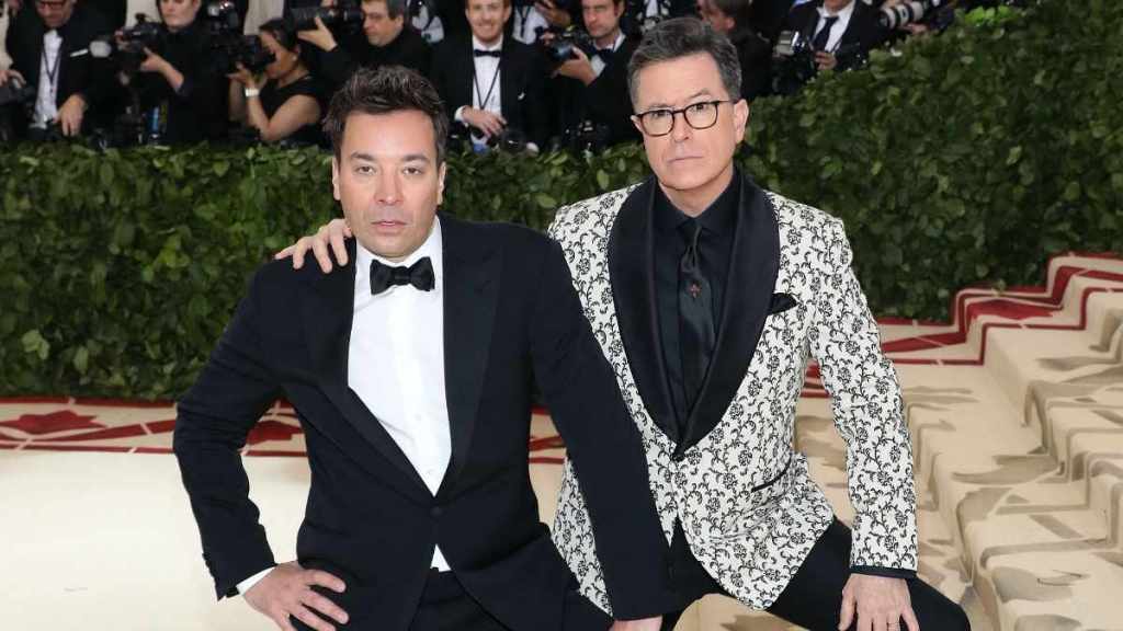 Stephen Colbert & Jimmy Fallon’s Unexpected Lip-Lock ‘Smooch’ Steals The Late Show