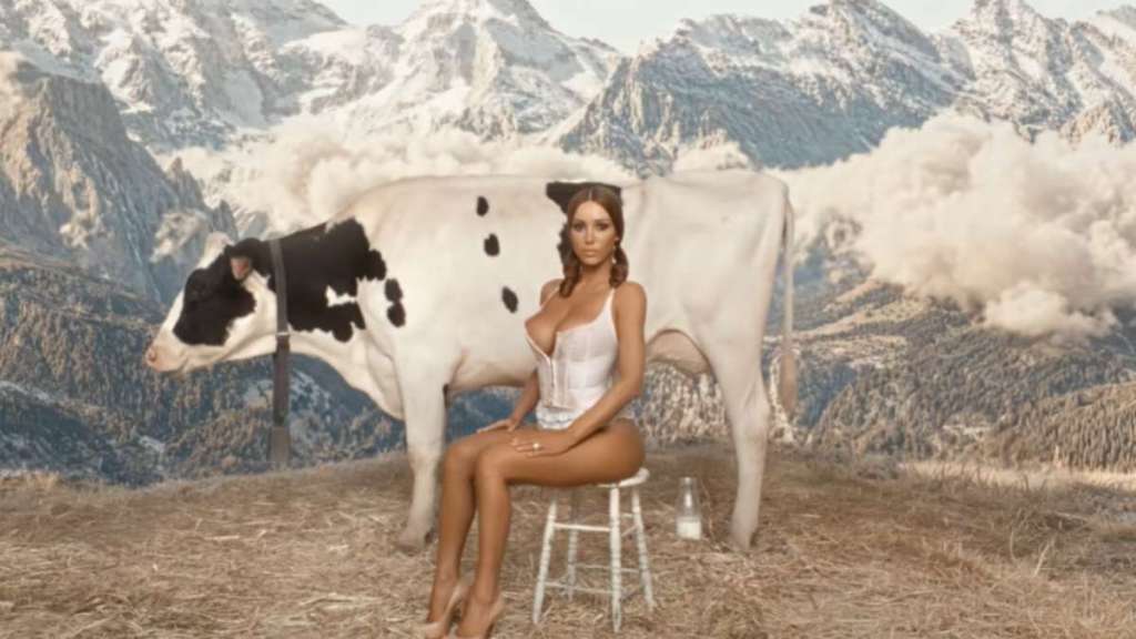 Bianca Censori Takes on Farm Duty in Plunging Lace-Up Bodysuit