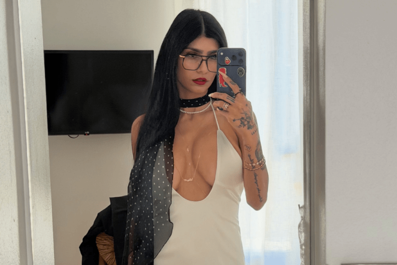 Mia Khalifa Nearly Suffers a Wardrobe Mishap in a Dress That Barely Holds Together