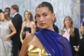 Hailey Bieber plunging top straps
