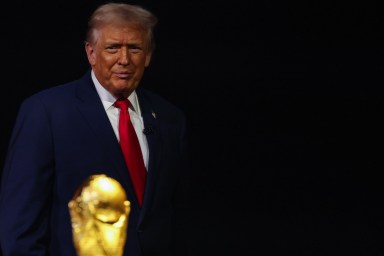 U.S. President Donald Trump looks on during the FIFA World Cup 2026 Official Draw at John F. Kennedy Center for the Performing Arts on December 05, 2025 in Washington, DC.