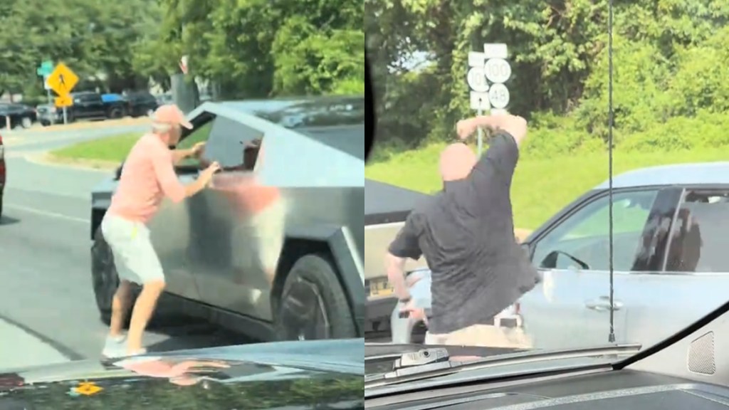 Cybertruck Driver Breaks Side Mirror Man Attacks Road Rage Video