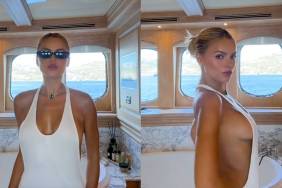 Brooks Nader’s Plunging Dress With Huge Cutouts Barely Contains Her Curves