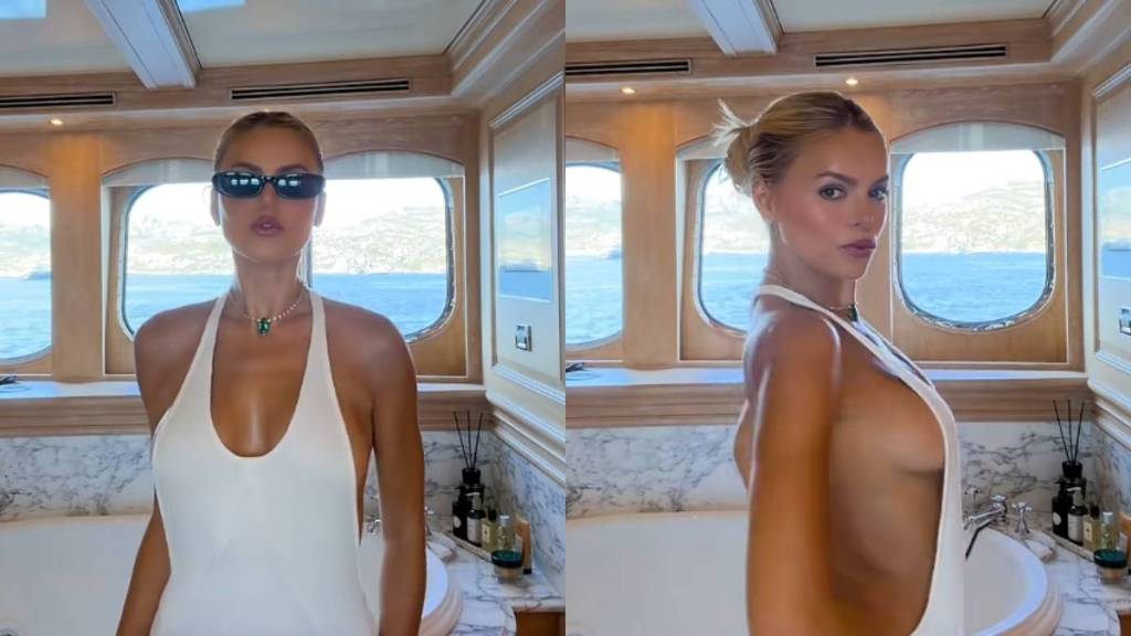 Brooks Nader’s Plunging Dress With Huge Cutouts Barely Contains Her Curves