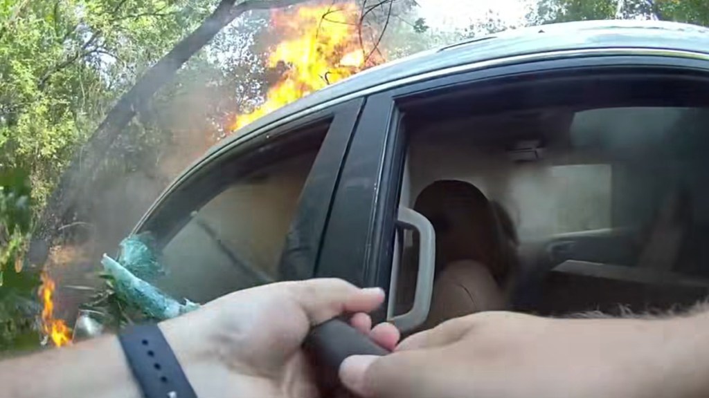 Driver Trapped Car Fire Rescued Dramatic Video Bodycam Texas