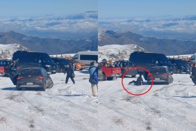 Watch Rider Leap Out of Car Driver Loses Control Icy Road Parking Lot Chile Ski Resort