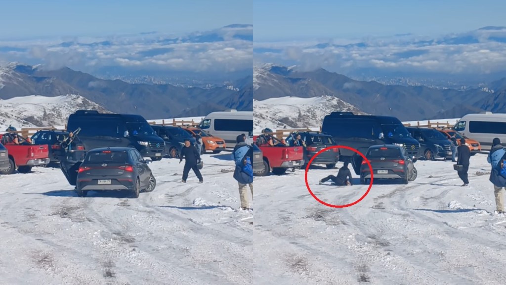 Watch Rider Leap Out of Car Driver Loses Control Icy Road Parking Lot Chile Ski Resort