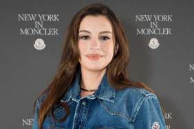 Anne Hathaway’s denim shirt is at the mercy of a single button at Moncler event