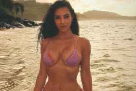 Kim Kardashian’s Curves Almost Pop Out of Plunging Sheer Lace Dress