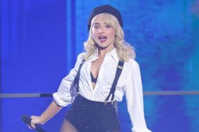 Sabrina Carpenter Leaves Shirt Unbuttoned With Tiny Micro Shorts at VMAs