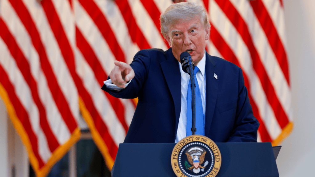 Donald Trump discusses his White House ballroom plans and claims the structure will use “nuclear concrete”