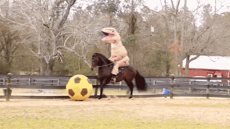 A Dinosaur Riding a Horse Kicking a Giant Soccer Ball