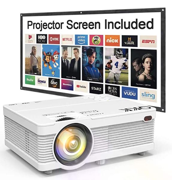 QKK Mini Projector 5500Lumens Portable LCD Projector [100" Projector Screen Included] Full HD 1080P Supported, Compatible with Smartphone, TV Stick, Games, HDMI, AV, Projector for Outdoor Movies