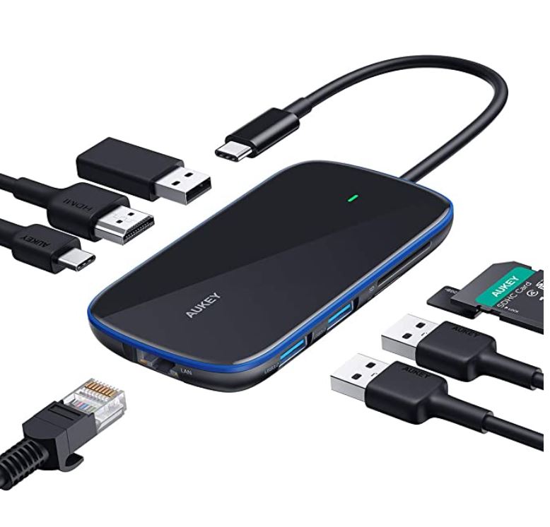 USB C Hub AUKEY 8 in 1 Aluminum-Glass Type C Hub with Ethernet Port,4K USB C to HDMI, 3 USB 3.0 Ports, 100W USB C PD Charging, SD/TF for MacBook, Chromebook and Other USB C Laptops
