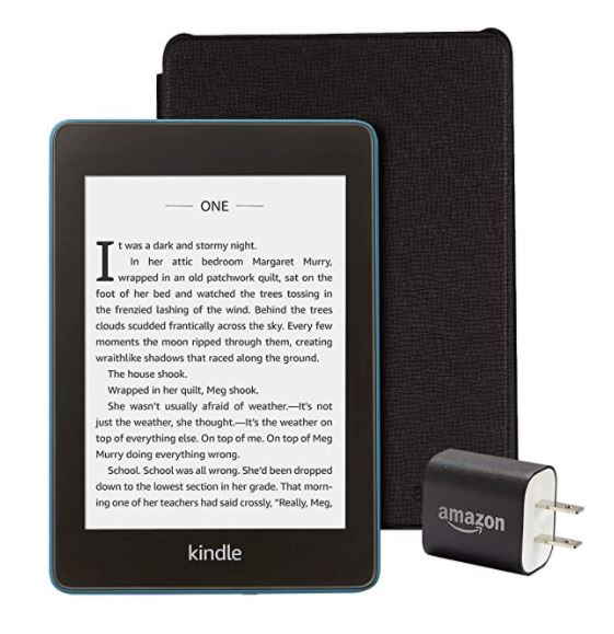 Kindle Paperwhite Essentials Bundle including Kindle Paperwhite - Wifi, Ad-Supported, Amazon Leather Cover, and Power Adapter